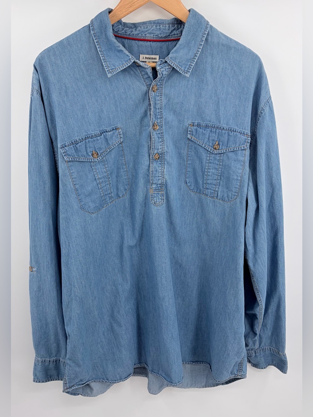 J. Peterman chambray popover long sleeve half placket top women’s XL mature